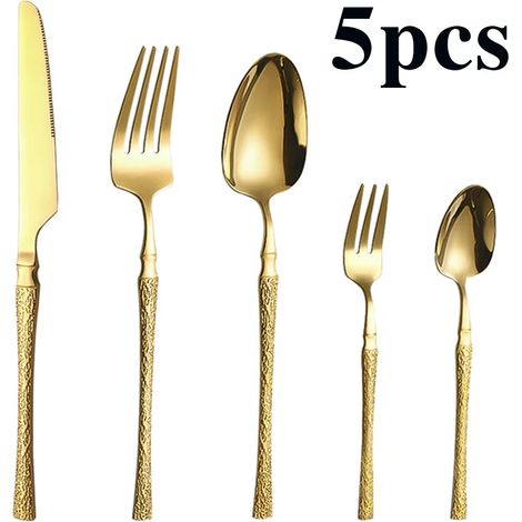 (Ensemble de 5 pièces doré) Couteau, fourchette, cuillère et cuillère/fourchette à dessert en acier inoxydable martelé, forme évasée (1/5)