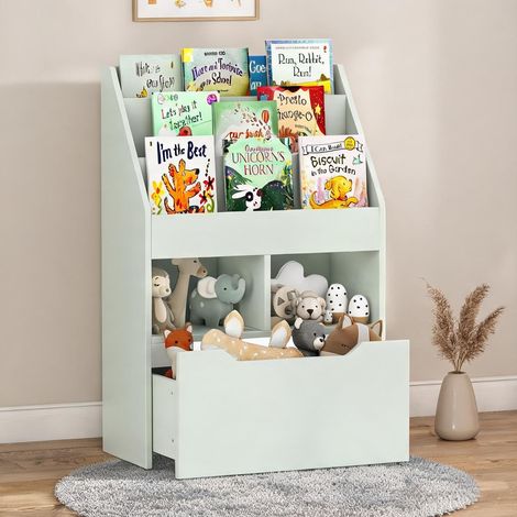 Bibliothèque enfant 3 étagères 2 niches tiroir MDF vert en MDF (1/5)