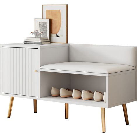 Moderne coffre à chaussures luxueux blanc avec rangement, banc rembourré et dossier - Étagère à chaussures avec poignées et pieds en métal - Idéal pour l'entrée - Dimensions: B100/T40/H58 cm (1/5)