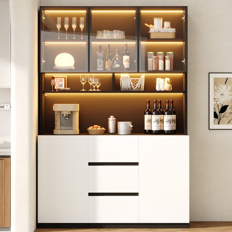 Vitrine LED 120x200 cm avec portes vitrées grises, étagères ouvertes, 2 portes, 3 tiroirs et éclairage multicolore, meuble de rangement MDF noir et blanc (1/5)