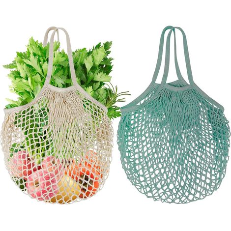 Lot de 2 sacs à provisions réutilisables en maille filet en corde de coton bio avec longue poignée pour ranger les fruits et légumes (1/5)