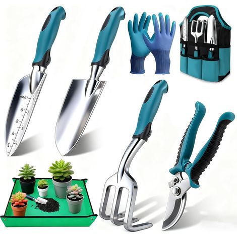 7-teiliges Garten-Set, Gartengeräte aus Aluminiumlegierung mit 75x75cm Pflanzmatte und 600D Tasche, Pflanz- und Gemüsegarten-Werkzeugset, Geschenk für Männer und Frauen (1/5)