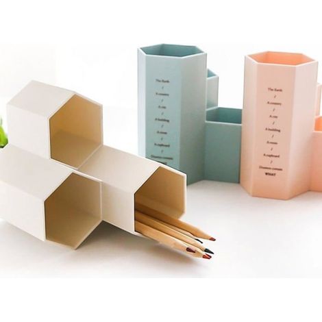 Boîte À Crayons - Hexagonale - Plastique - 12 x 6,3 cm - Pour Rangement Bureau Et Arts Plastiques - 1 Pièce (1/4)