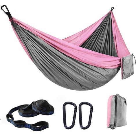 Hamac d'extérieur, hamac de voyage 300x200cm pour 2 personnes, hamac de camping en soie parachute 300kg avec 2 sangles en nylon + 2 boucles de randonnée en acier solide (Nouveau rose épelant gris clai (1/5)