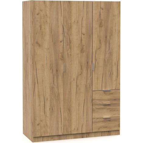 Armoire Placard à 3 portes et 3 tiroirs coloris Chêne - Longueur 120 x Hauteur 180 x Profondeur 50 cm (1/3)
