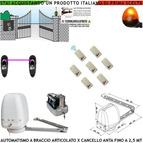 KIT MOTORE A BRACCIO ARTICOLATO 220/24 V PER CANCELLO AUTOMATICO 1 ANTA DA 0,5 A 2,5 MT CENTRALE 7 RADIOCOMANDI FARO SELETTORE 2 FOTOCELLULE (1/4)