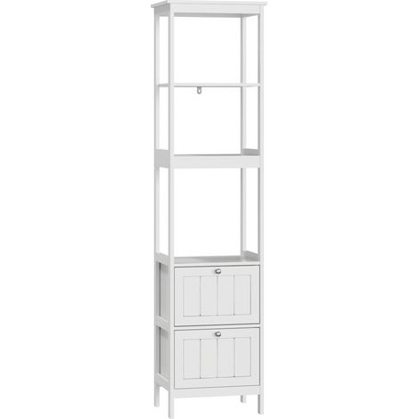 Mobile bagno 40x30x161 cm, Alto Stretto con 2 Cassetti e 3 Ripiani Colonna Indipendente in Legno, Bianco, per Bagno o Lavanderia