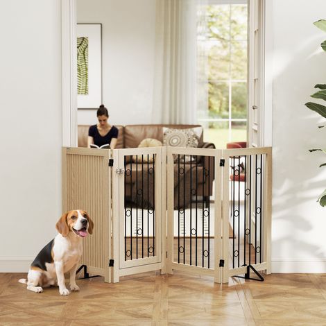 Barrière pour animaux autoportante, barrière pour chien avec porte, 4 panneaux, pour couloir, escalier, encadrement de porte, MDF, acier (1/5)