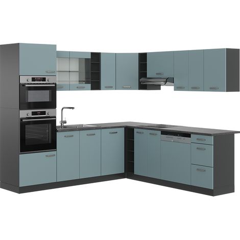 Cocina esquinera R-Line, Gris azulado/Antracita, 247 x 237 cm, ET Antracita, Vicco