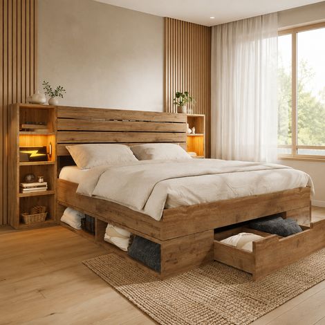 Lit double avec rangement 160 x 200 cm avec 2 tiroirs et tête de lit à étagères, USB/Type-C et LED, lit adulte avec sommier inclus, coloris chêne (1/5)