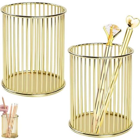 Organizador de escritorio de 2 piezas con portalápices y brochas de maquillaje, color dorado. (1/3)