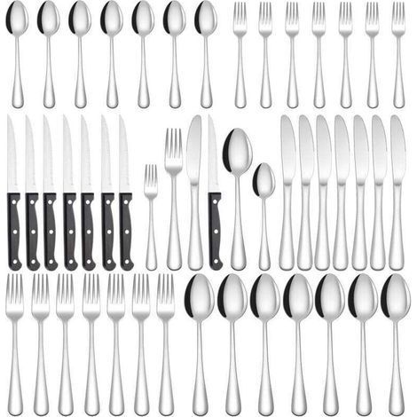Ménagère 48 pièces - Acier inoxydable - Comprend couteaux, fourchettes et cuillères à steak - Pour 7 personnes - Idéale pour la maison, les fêtes et les restaurants - Compatible lave-vaisselle (1/5)