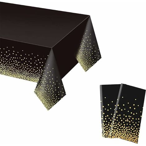 2 manteles de plástico impermeables con lunares, 137 x 274 cm, color negro con lunares dorados, desechables, rectangulares, para fiestas, bodas, cumpleaños, graduaciones, fiestas de Navidad. (1/5)