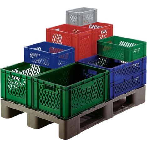 Contenitore di trasporto L600xP400xH320mm grigio PP pareti laterali forate con passaggio attraverso (1/2)