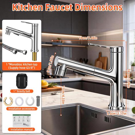 Grifo de baño, grifo mezclador de lavabo resistente a la corrosión con rociador extraíble de 60 cm, grifo mezclador de lavabo alto de latón 3 en 1, grifo mezclador de fregadero de baño y cocina, acces (1/3)