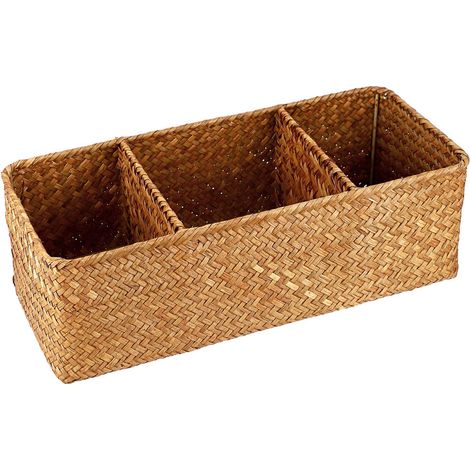 Panier de rangement en osier panier d’étagère corbeille tressé boîte de rangement avec 3 compartiments organisateur de table pour comptoir, bureau, étagère (caramel) (1/5)