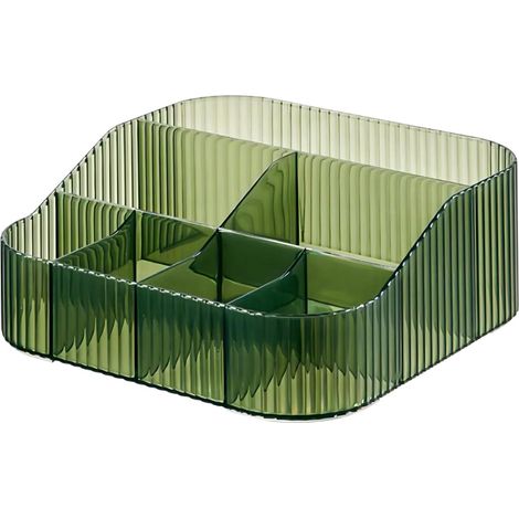 Rangement maquillage acrylique 7 compartiments, organiseur XL pour pinceaux, cosmétiques, eyeliners et rouges à lèvres (vert). (1/5)