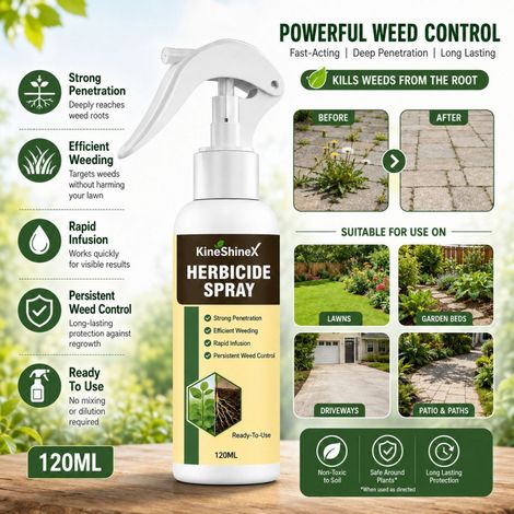 Das Herbizidspray KineShineX tötet und entfernt Unkrautwurzeln effektiv und eignet sich besonders für Rasenflächen, Gärten, Terrassen und Wege.