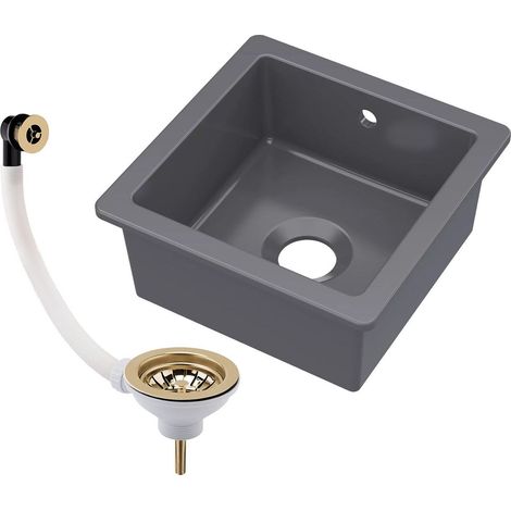Balterley Dark Grey Fireclay Ceramic Single Bowl Square Undermount Kitchen Sink with Overflow and Brushed Brass Waste, 457mm (1/3)