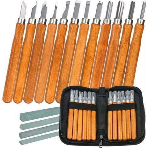 DEESSE SHOP - Kit d'outils de sculpture sur bois, kit de sculpture sur bois 12 pièces avec pierre à aiguiser et sac de rangement, couteau à dénuder, outil de sculpture sur bois pour menuisier, amateur (1/5)