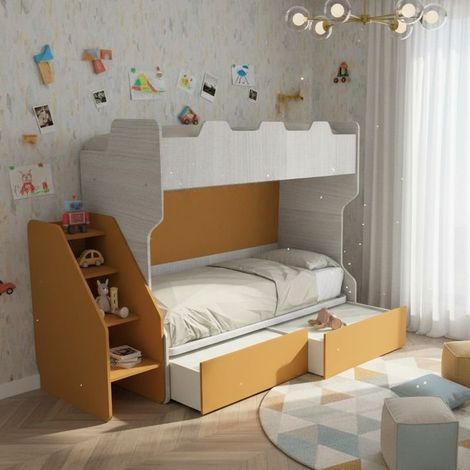 Letto a castello salvaspazio con terzo letto estraibile e scala laterale - Ideale per camerette - Rovere rock