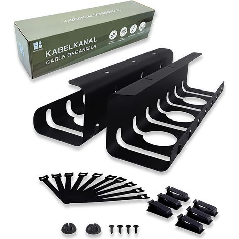Goulotte de Bureau, 2 Pièces, Noir  Gestion des Câbles pour l'Ordre sur le Plan de Travail, Support en Z en Acier 43 x 10 x 10 cm, Accessoires Inclus (1/5)