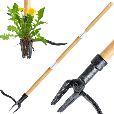 Outil de désherbage debout avec long manche , tête en acier à 4 griffes et conception à 3 pôles , outil de désherbage , élimine facilement les mauvaises herbes et les racines , pas besoin de se penche (1/5)
