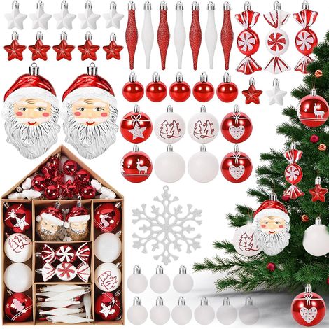 70-teiliges Set Weihnachtskugeln, Christbaumschmuck mit Anhängern, bruchsichere Christbaumkugeln (rot und weiß) (1/5)