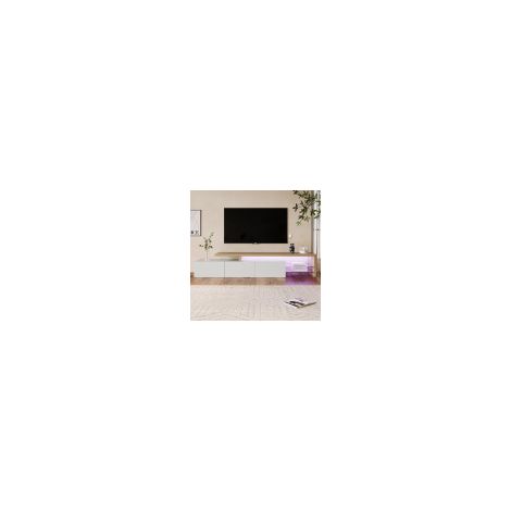 Meuble TV design moderne avec éclairage LED et espace de rangement pratique en blanc, avec aspect bois et étagères en verre (1/5)