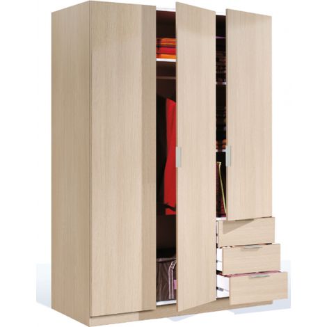 Armoire 3 portes en mélamine chêne marron 135x52x180 cm – 3 tiroirs et 4 étagères réglables – Charnières métalliques et poignées aluminium – Altri (1/7)