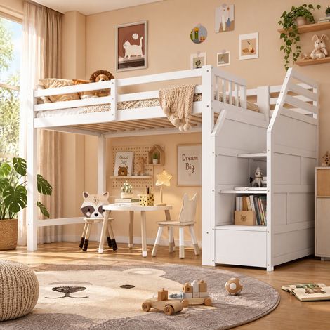 JOOKGBD-Letto Soppalco in Legno 90×200cm Bianco per Bambini, Dotato di Ringhiera Completa Anticaduta, Scala Portaoggetti Integrata con Mensole e Cassetti, Doghe della Rete Incluse (1/5)