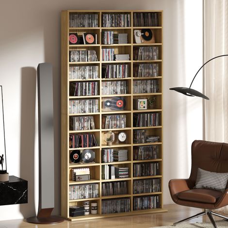 CD- und DVD-Aufbewahrungsschrank, Regal für 1116 CDs/528 DVDs, 36 Fächer und verstellbare Einlegeböden, Eiche