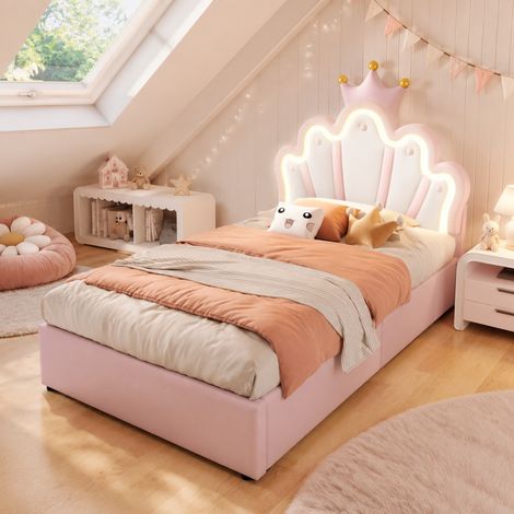 Lit enfant 90x200 avec coffre, tête de lit réglable, bande LED, couronne, rose DESVIAE (1/5)