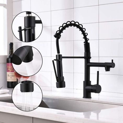 Robinet de Cuisine Élégant avec Douchette à Descente et Mini Pulvérisateur, Mitigeur de Cuisine pour Évier Moderne, 2 Modes Jet et Spray, Noir (1/5)