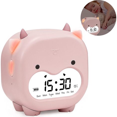 Réveil lumineux pour enfants, motif vache adorable, veilleuse LED, réveil numérique avec annonce de l'heure, commande vocale, fonction snooze, affichage de la température, convient aux filles, aux gar (1/5)