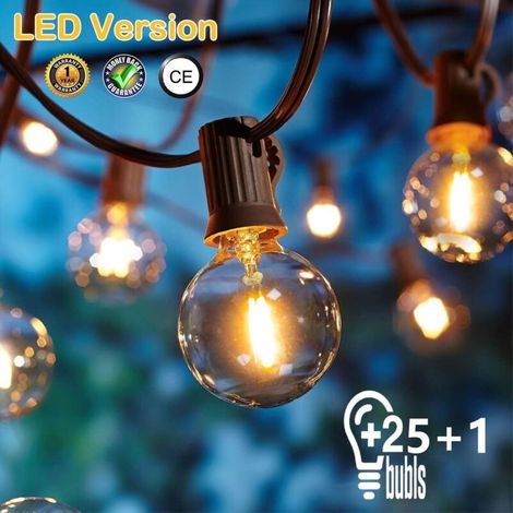RHG Guirlande Lumineuse Extérieure, 26 LED, 7.62 Mètres, 25+2 PCS, Décoration Mariage, Ampoule Blanc Chaud