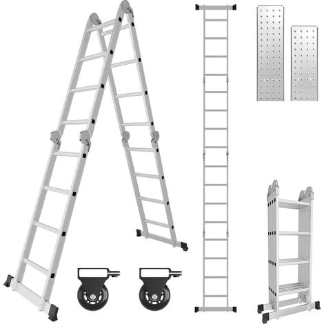 Jiubiaz Escalera transformable 7 en 1 de aluminio, 4x4 peldaños, aprox. 470 cm / 4,7 m, plegable, 2 plataformas + 2 ruedas, carga máxima 150 kg (1/5)