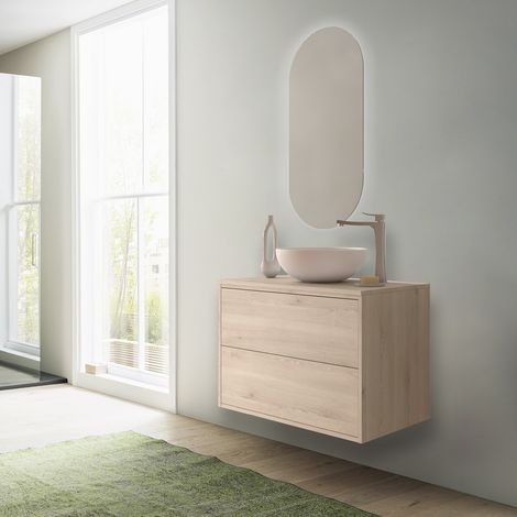 Mueble de baño suspendido de 80 cm en madera natural con lavabo - Olympus - 80 cm Standard - Misura: 80 cm - Accessorio: Con colonna specchio e lampada LED