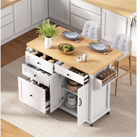 CHICFURN Isla de cocina con ruedas 107 x 45-70 x 90,5 cm blanca y madera, encimera extensible (1/5)