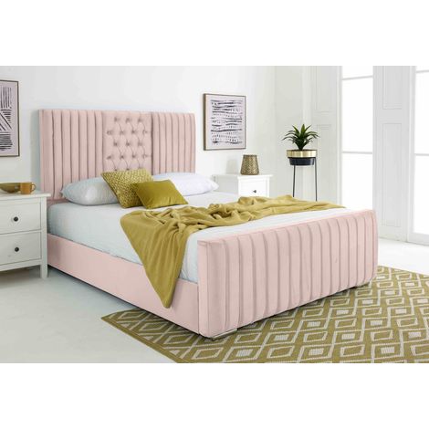 Gracie Pink Plush Velvet Matching Buttons Double Bed Frame (1/2)