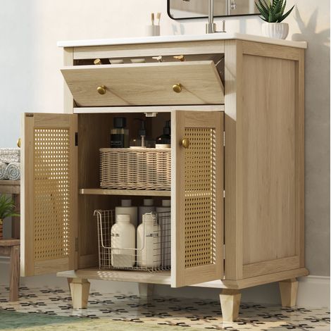 Mueble de lavabo 61x47x87 cm de MDF y cerámica natural, con almacenaje para baño FloraGrace (1/5)