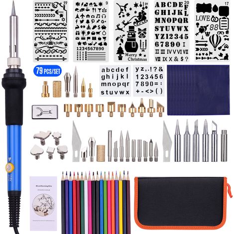 Kit de pyrogravure professionnel 79 pièces avec stylo et fer à souder, température réglable de 200 à 450 °C, idéal pour débutants et adultes. Parfait pour la gravure, le gaufrage et la soudure. (1/4)