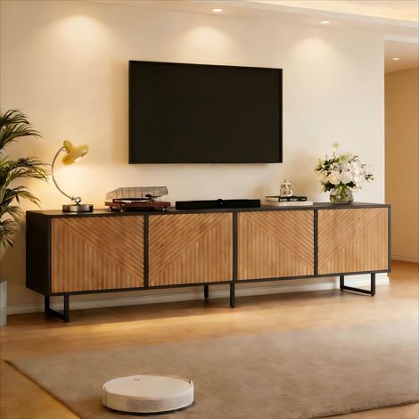 Meuble TV 180 x 40 x 50 cm pour salon, avec 4 portes, structure basse en bois thermoformé, compatible avec les téléviseurs jusqu'à 80 pouces, coloris bois naturel et noir.