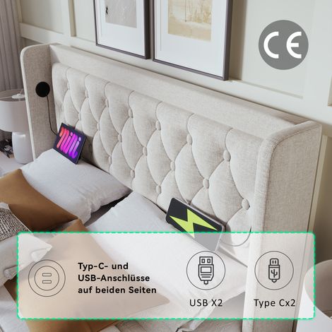 Lit double 180x200 cm, tissu coton beige, sommier coffre hydraulique, tête de lit rembourrée avec port USB-C, éclairage LED 3 côtés, sans matelas. (1/5)