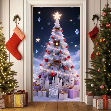 Nouvelle décoration de porte de Noël, motif Père Noël, pour jardin/cour extérieure - 90 x 180 cm (perforée + ruban) - 39
