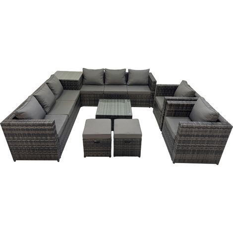 Fimous Garden Rattan Outdoor Furniture Set 10 Seater Patio Corner Sofa Coffee Table with 2 Small Stool Side Table Dark Grey (1/5)