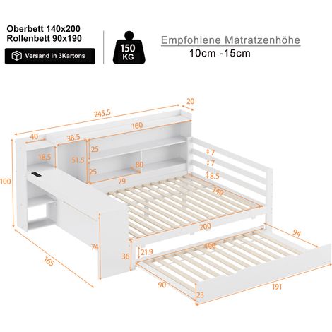 MEUBLIV Bett 140x200 cm weiß – mit Schreibtisch, Stauraum und Ausziehbett, ohne Matratze (1/5)