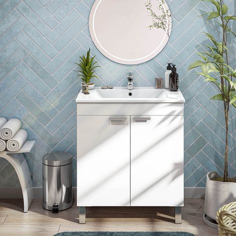 Unterbeckenschrank Cariati, 2 Türen, Flügeltür, Aluminiumfüße, 70x45x80 cm, Hochglanz Weiß (1/5)