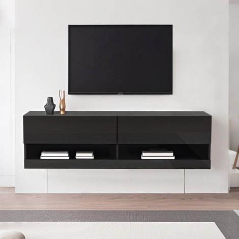Armoire TV avec éclairage, réglable 7 couleurs, armoire TV suspendue Placard bas 140x35x40cm, noir (1/5)