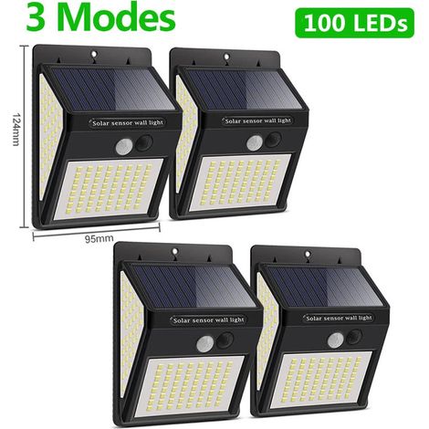 (4 lampes solaires LED de 100 LED) Lampe solaire d'extérieur avec capteur, étanche, compatible avec la lumière du soleil, décoration de jardin (1/5)